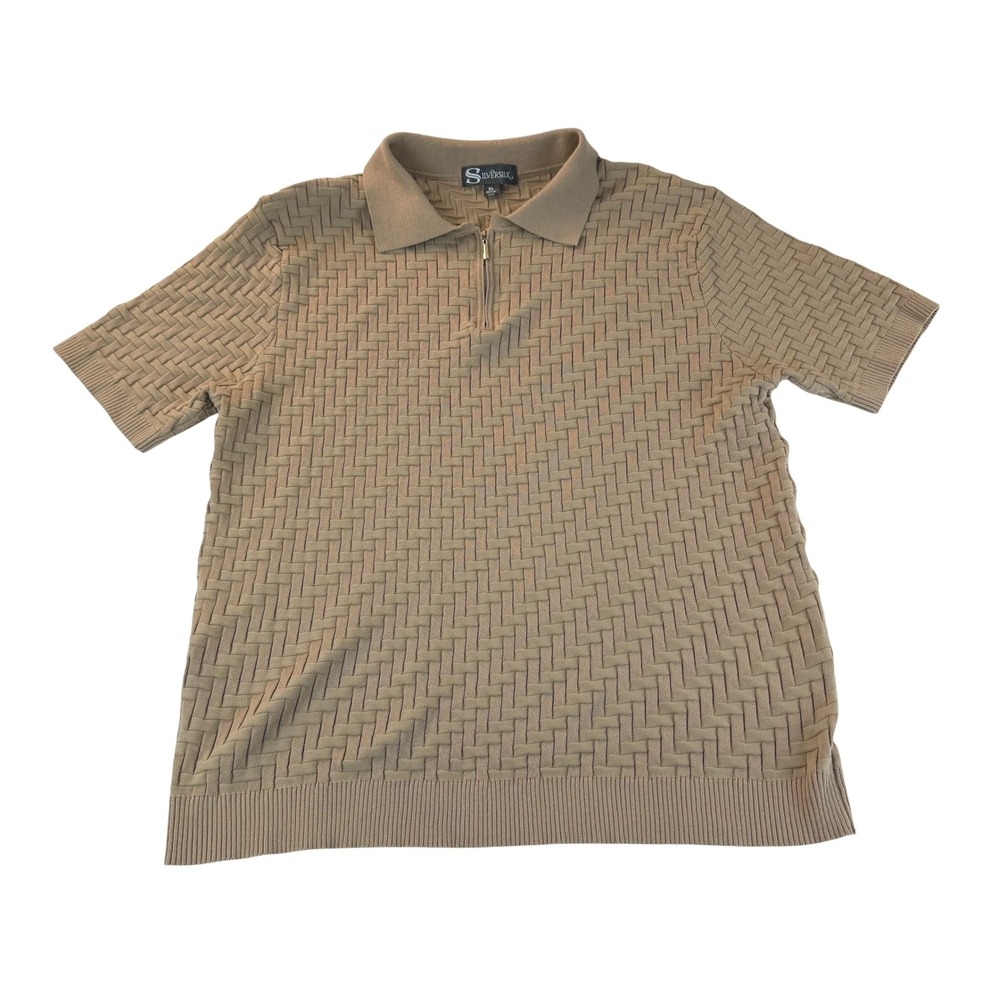 Silversilk 1/4 Zip Basketweave Sweater XL Tan Short Sleeve Knit *Some piling